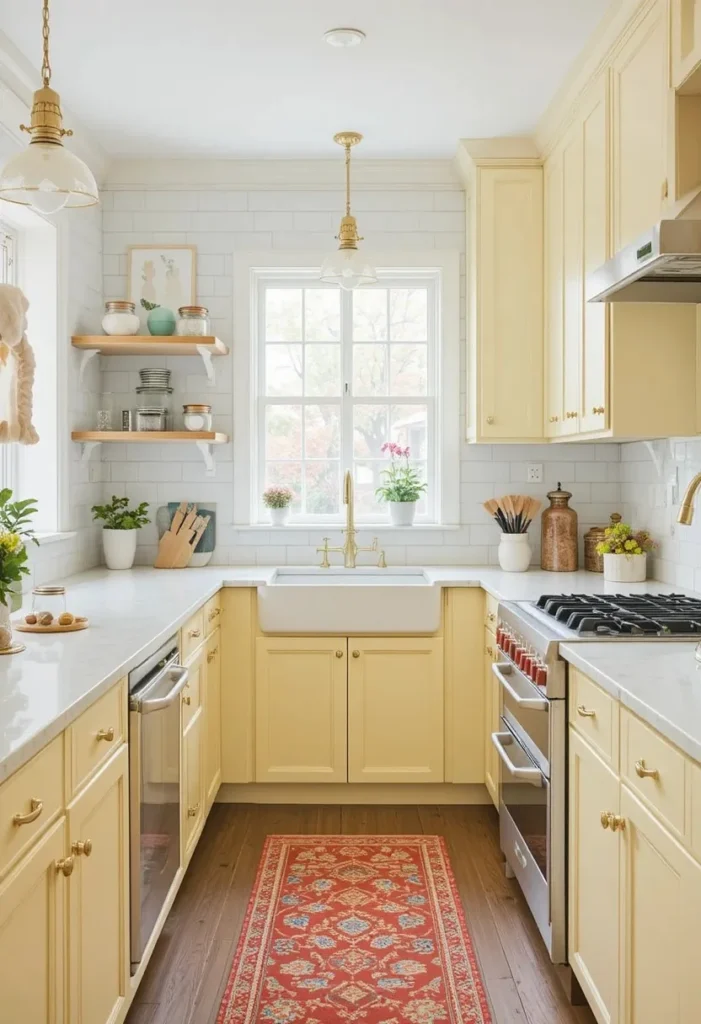 Buttery yellow kitchen island cabinets with subway tile backsplash
