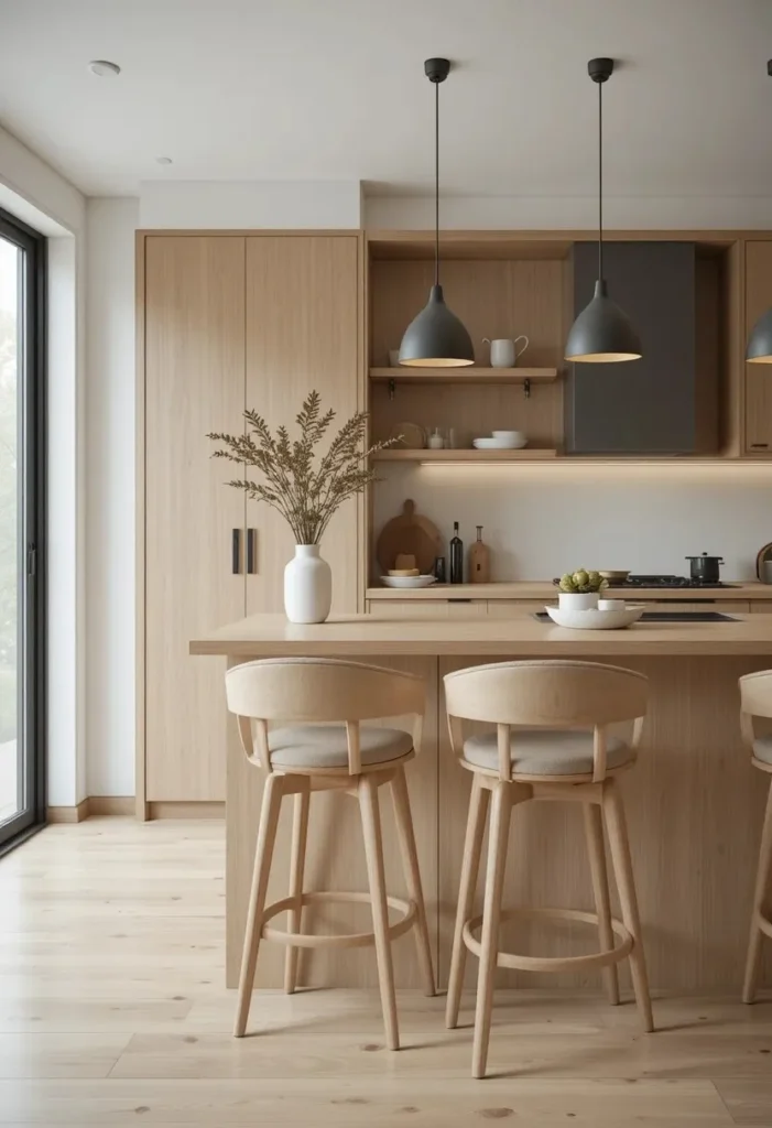 Curved back bar stools in a soft Scandinavian style kitchen