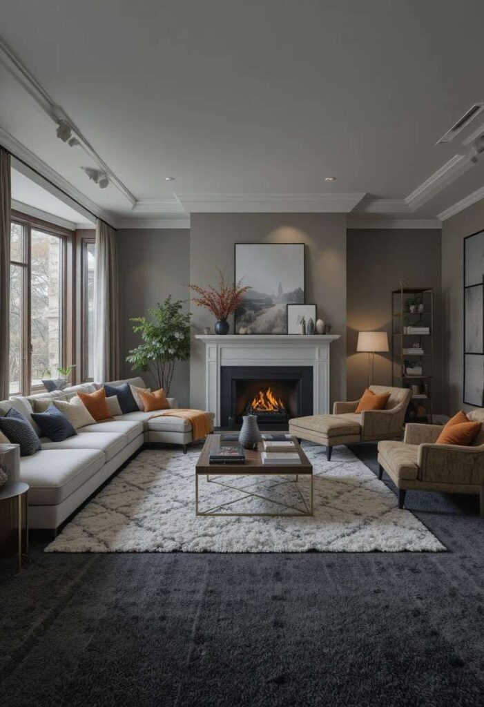Dark charcoal living room carpet creating bold contrast