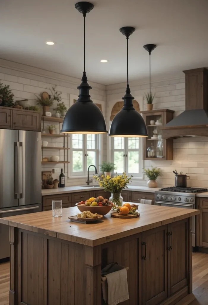 Farmhouse style pendant lights over rustic kitchen island
