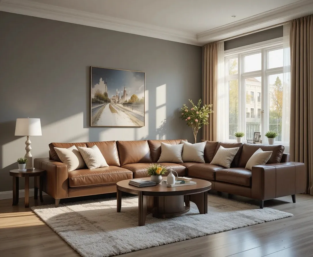 Cozy gray and brown living room with leather sofa and warm natural light