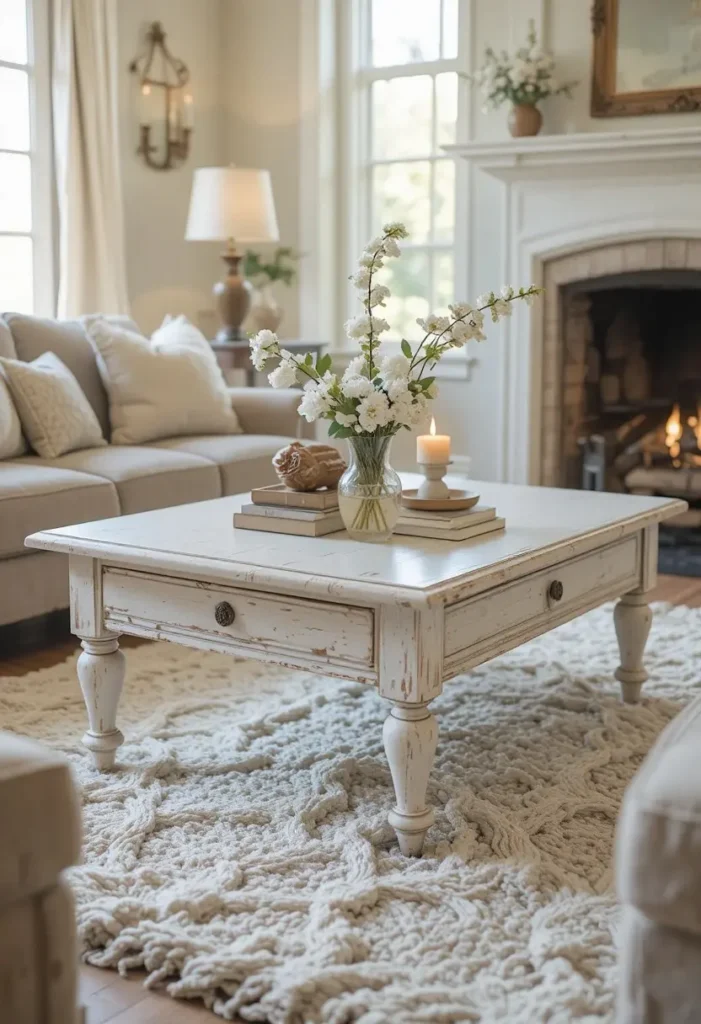 Distressed wood coffee table in cottage living room

