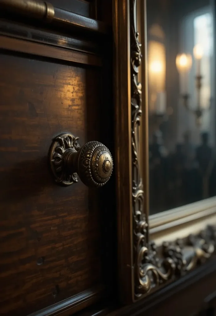 Antique brass hardware accents in a dark academia living room

