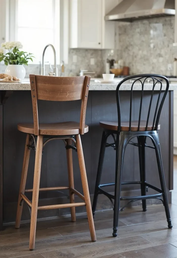 Mixed style bar stools creating a curated kitchen look