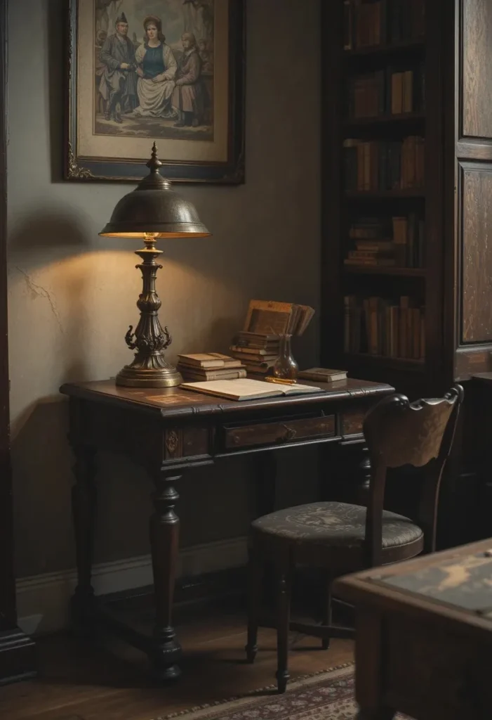 Antique wooden writing desk styled in a dark academia living room
