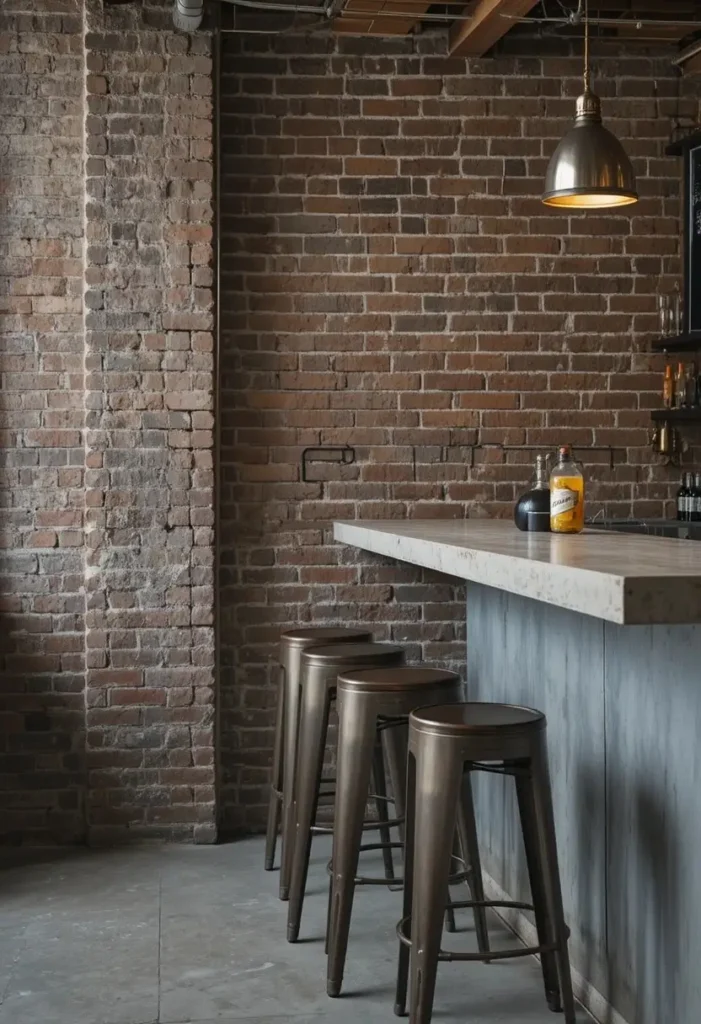  Industrial metal bar stools in a loft style kitchen with brick wall
