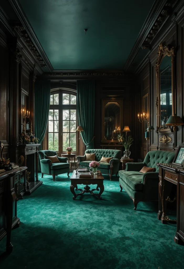 Deep emerald green living room carpet with rich dramatic decor