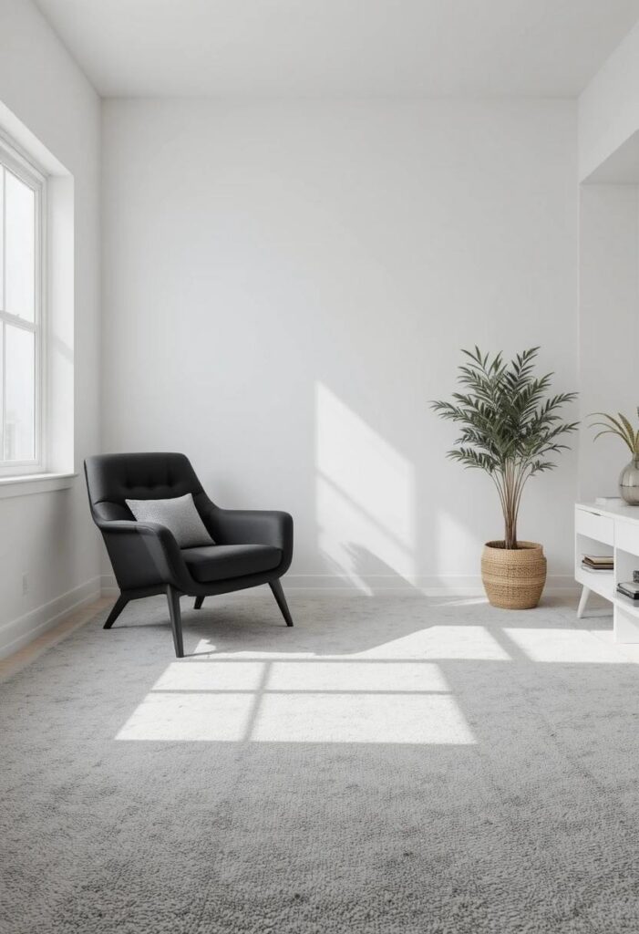 Soft grey living room carpet in a minimalist styled room