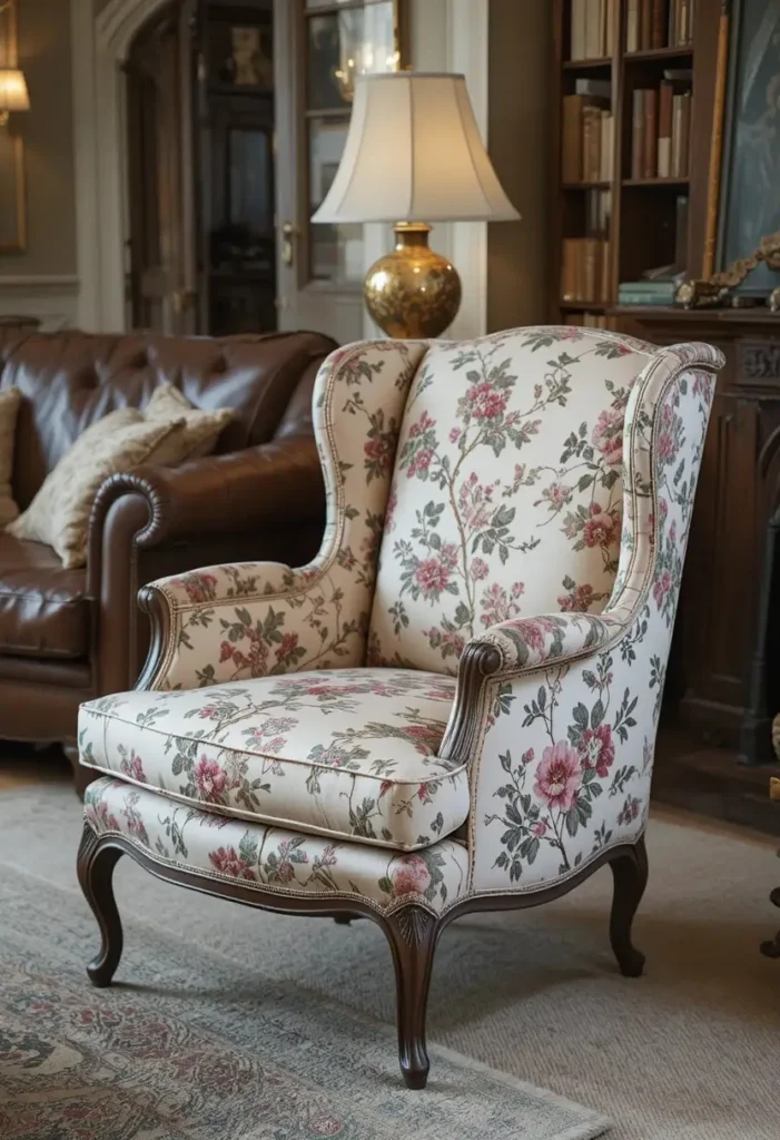 Faded floral upholstered armchair in a vintage living room