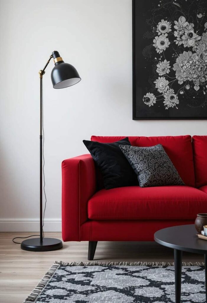 Red couch living room with black accent details