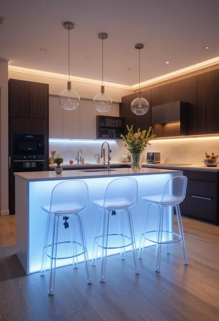  Clear acrylic ghost bar stools in a small bright kitchen
