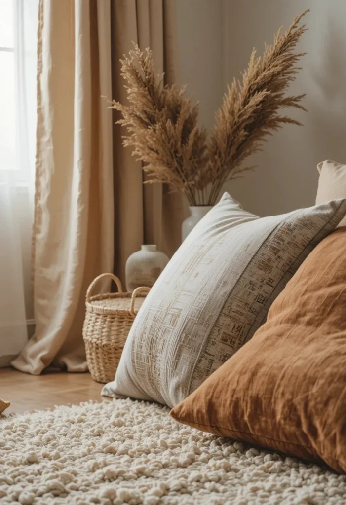 Mixed textures of wool, linen, and velvet in gray and brown living room