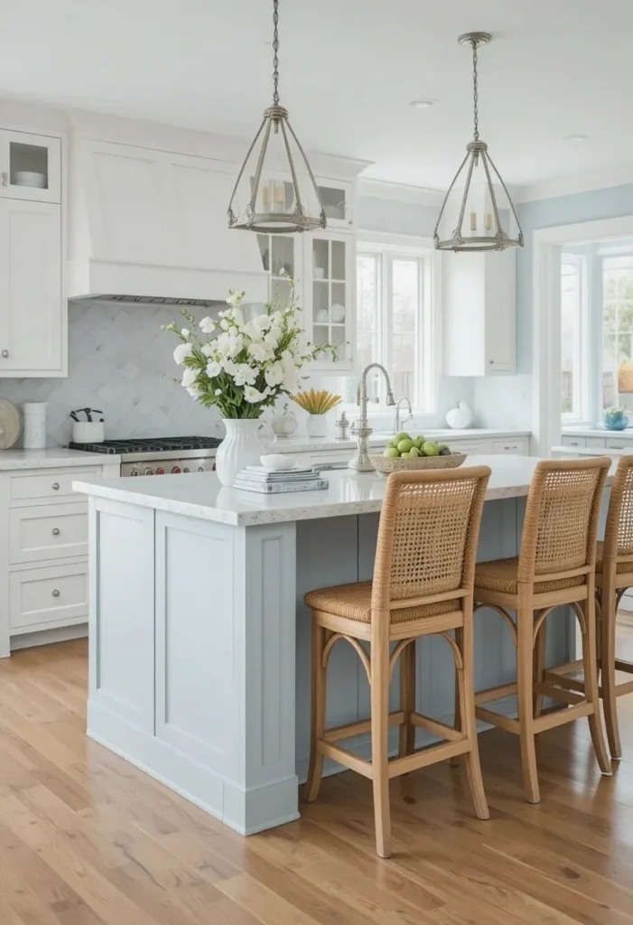 Cane backed bar stools in a coastal style kitchen