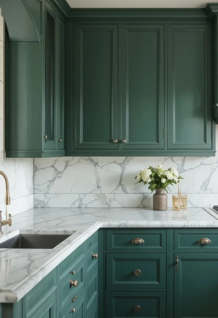 Green kitchen cabinets with white marble countertop and green veining