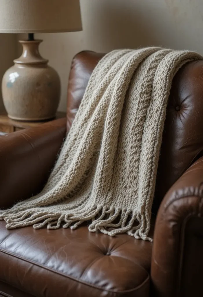  Leather chair with woven throw blanket, mixed textures
