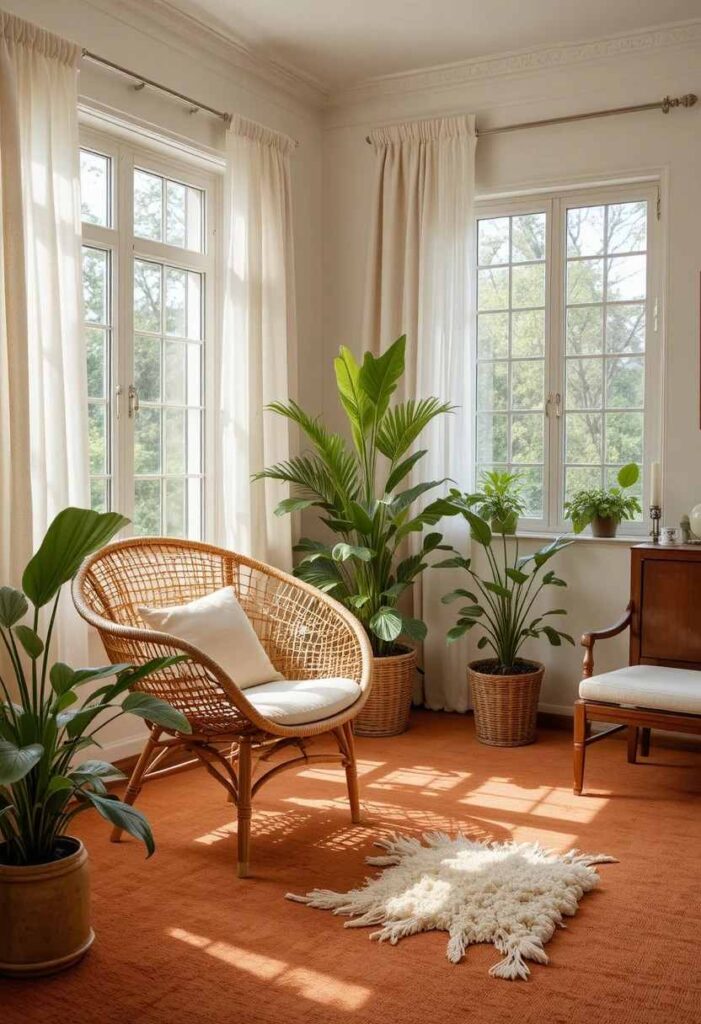 Warm terracotta living room carpet with earthy natural decor