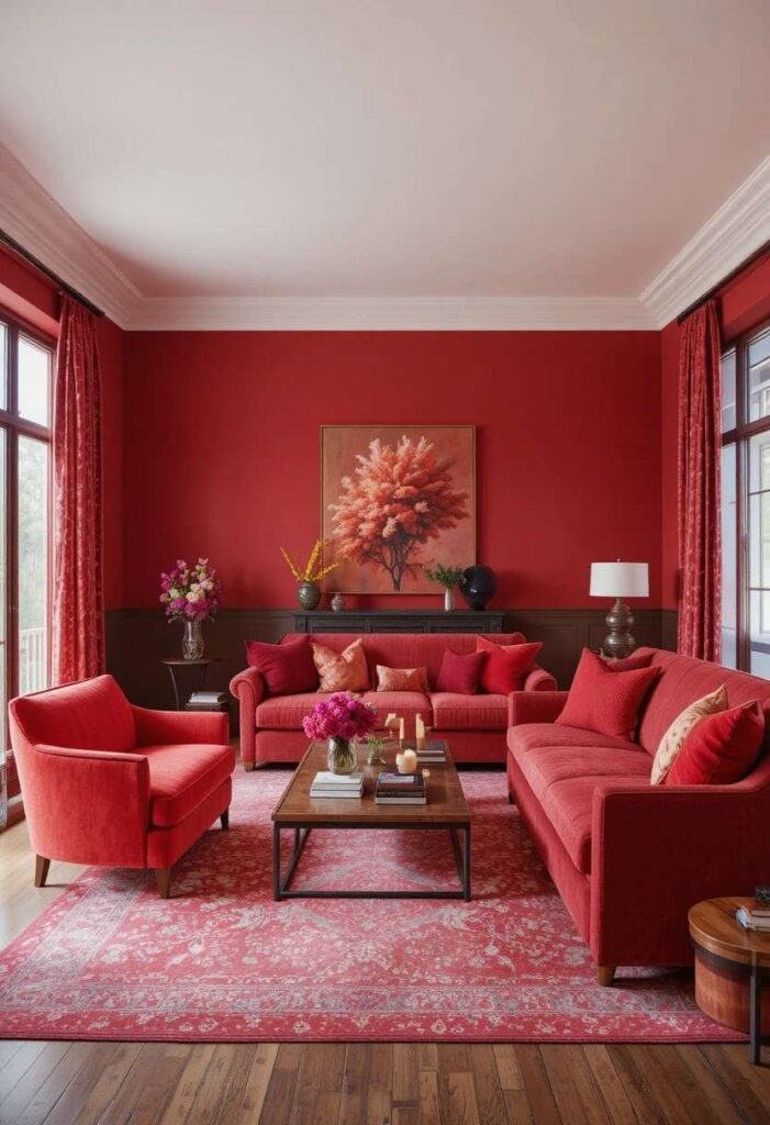 Monochrome red couch living room color palette