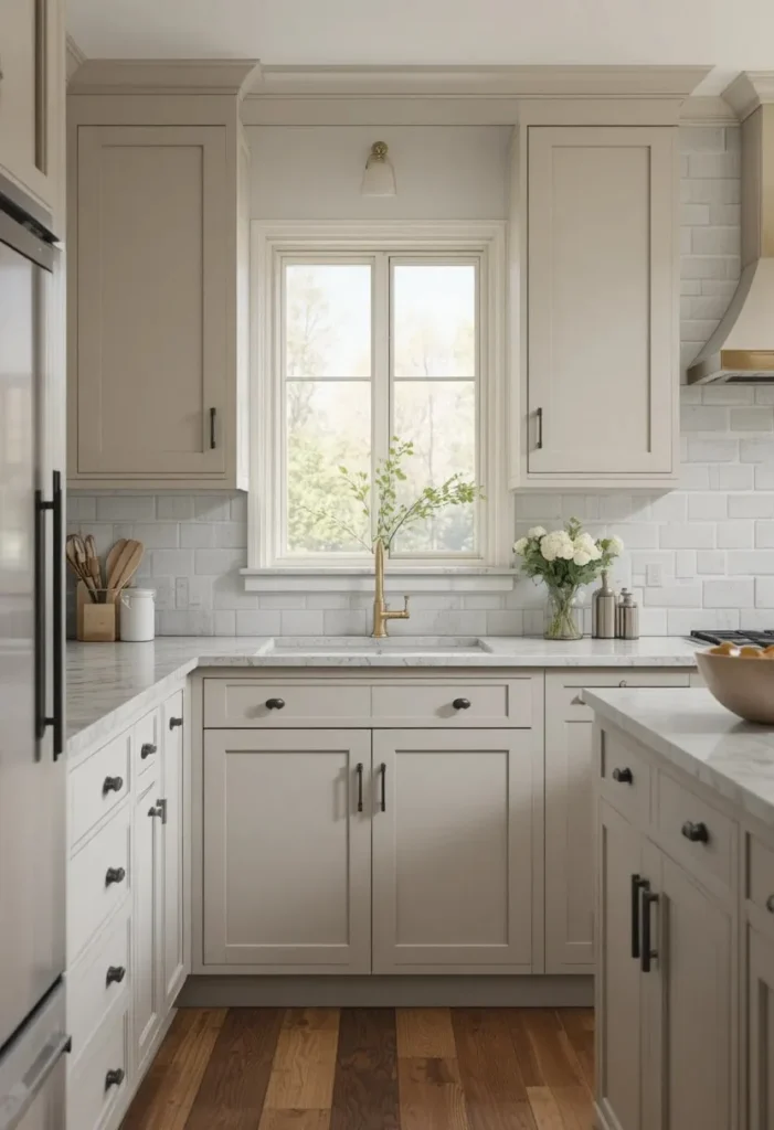 Soft greige kitchen cabinets with black hardware and wood flooring
