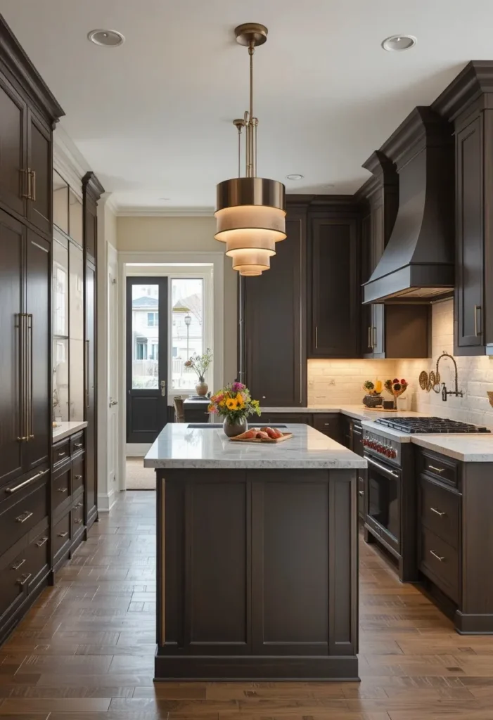 Chocolate brown kitchen cabinets with cream walls and gold hardware
