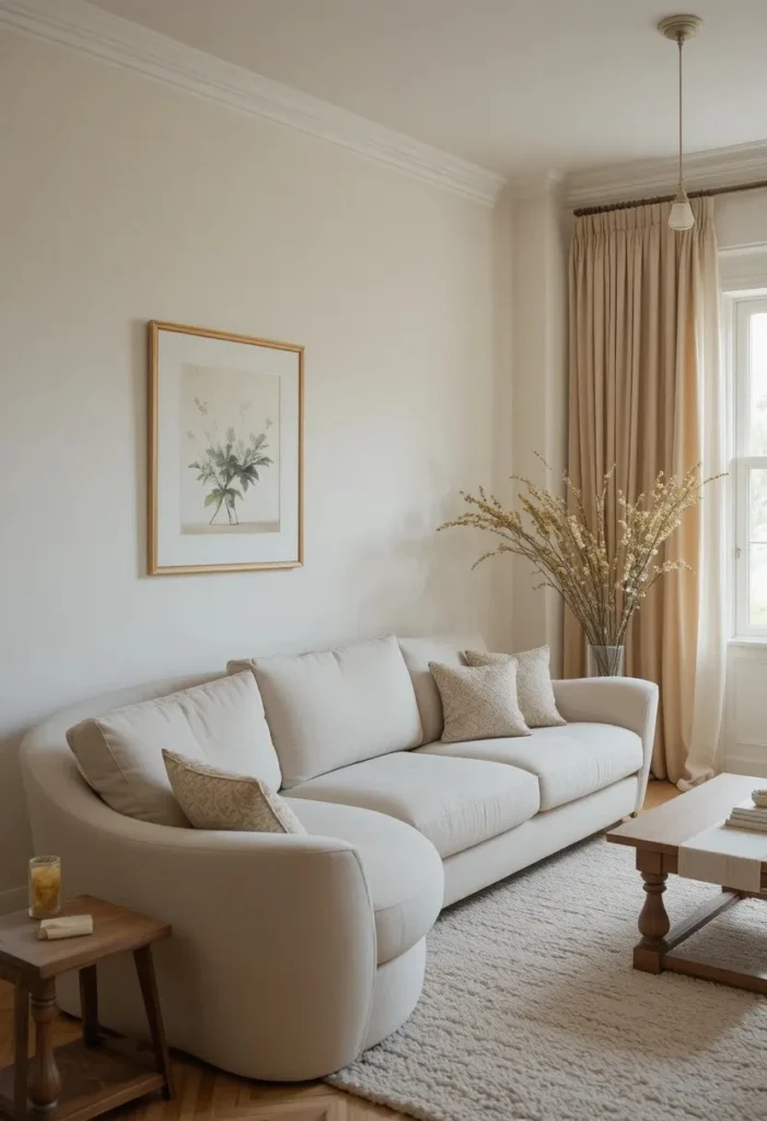 Cottage living room with warm neutral wall paint and soft furnishings
