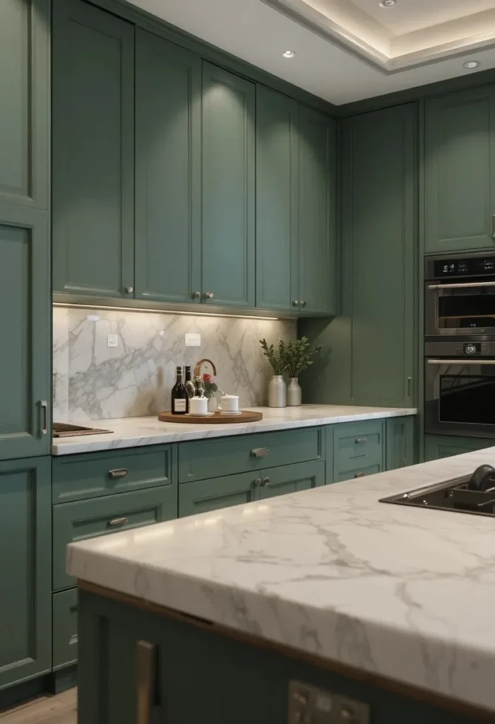 Matte green kitchen cabinets with glossy countertop contrast
