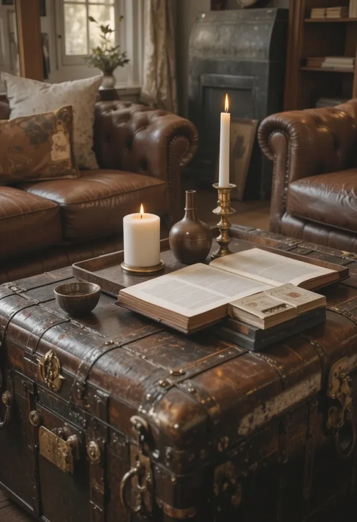 Vintage leather trunk styled as a coffee table
