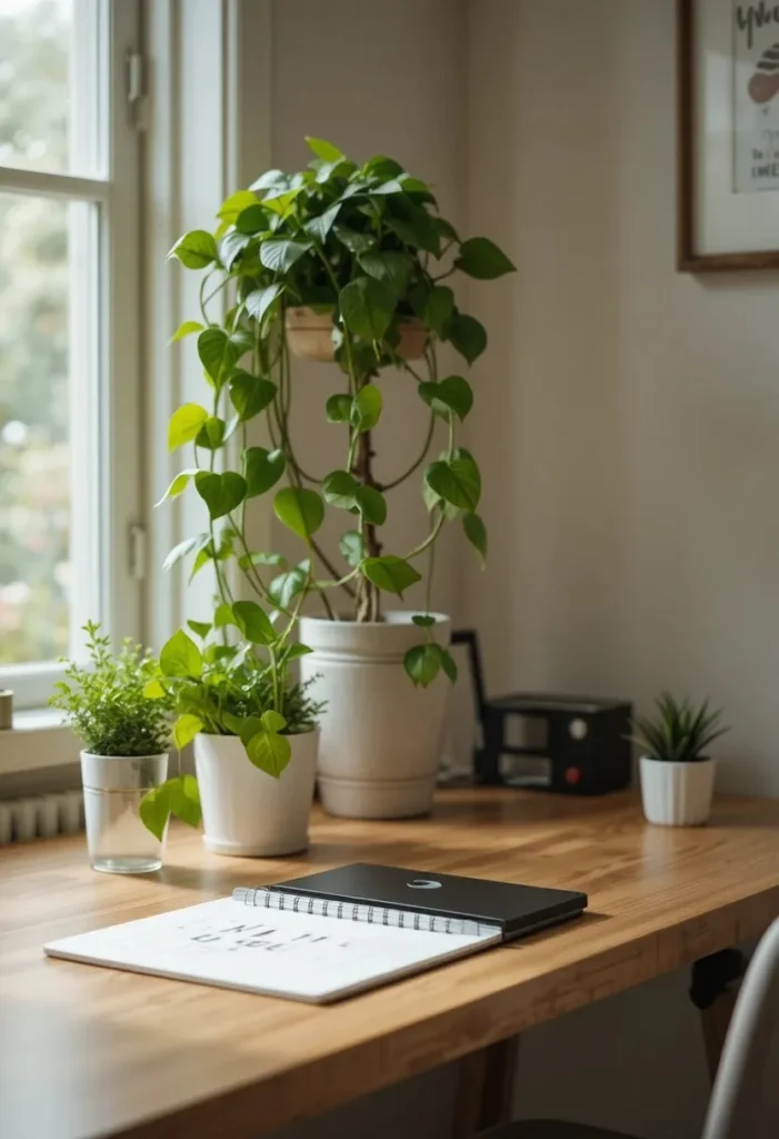 Greenery and plants styled on desk in living room for fresh look