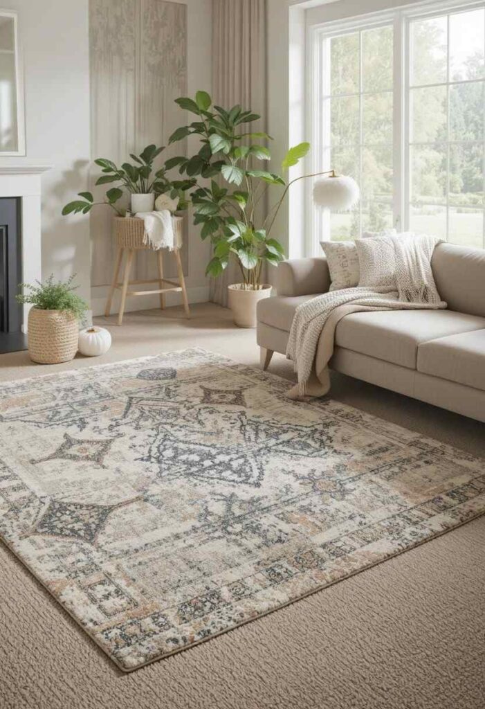 Layered living room carpet and area rug creating textured style