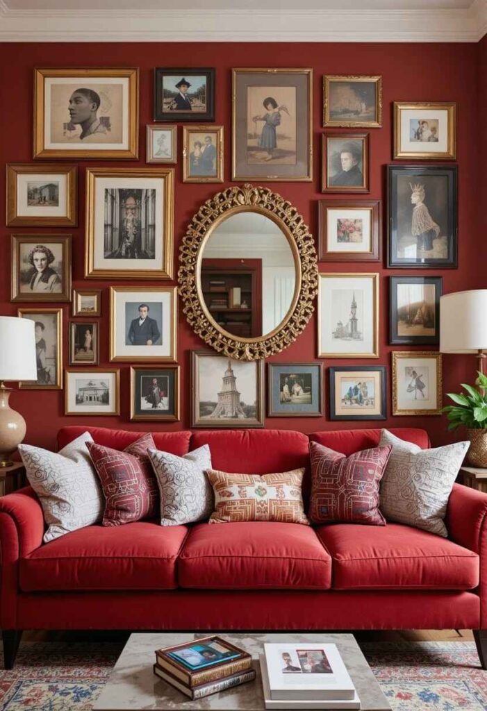 Red couch living room with gallery wall decor
