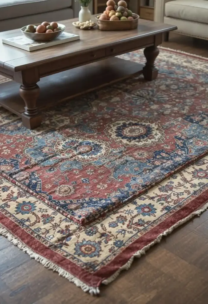 Layered faded Persian rugs in a vintage living room