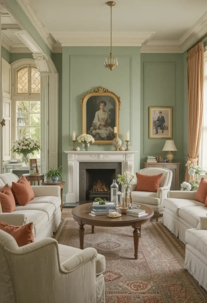 Vintage living room in muted earthy color palette