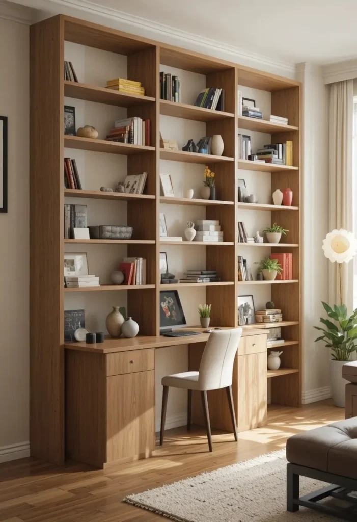 Open bookshelf room divider separating desk from living room seating area