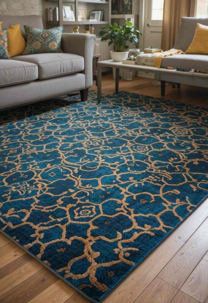 : Bold statement area rug anchoring living room furniture layout