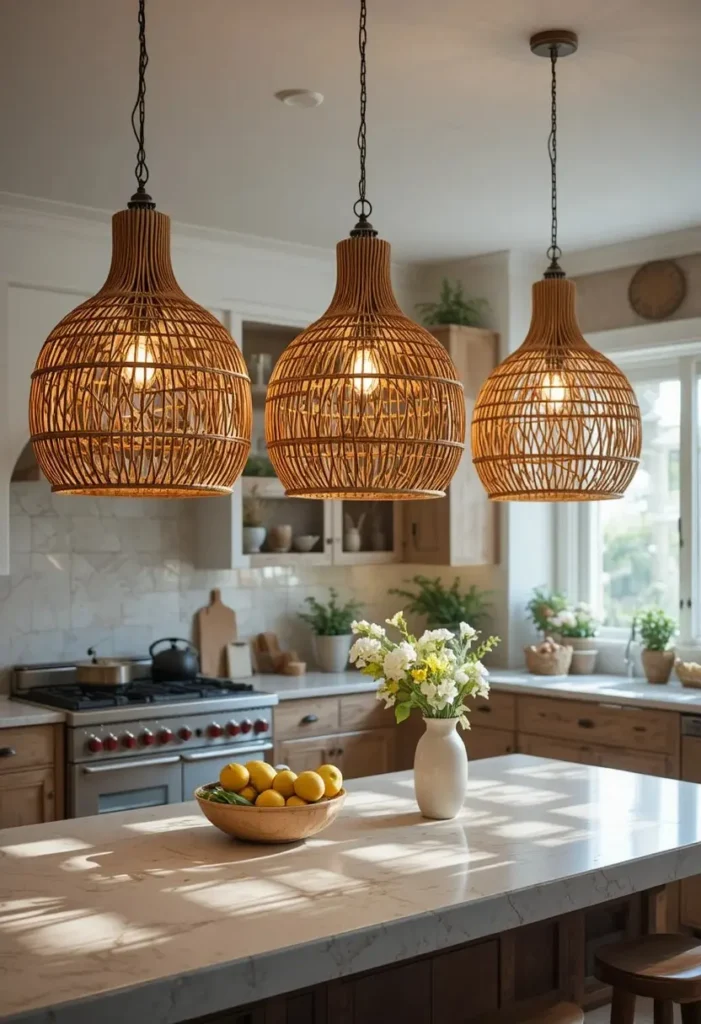 Woven rattan pendant lights casting dappled light over kitchen island
