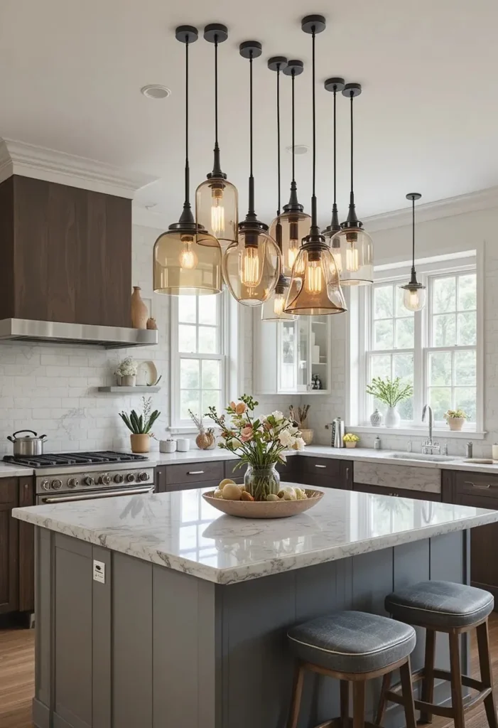 Cluster pendant lights with varying heights over kitchen island
