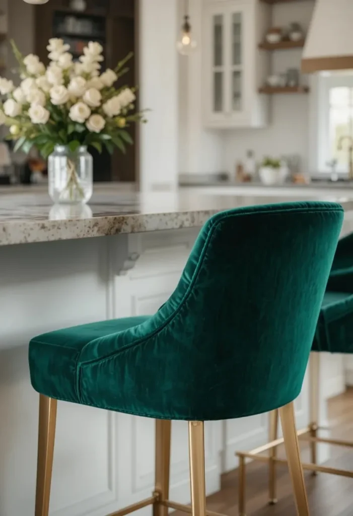 Emerald velvet kitchen bar stools with brass legs for a luxe look
