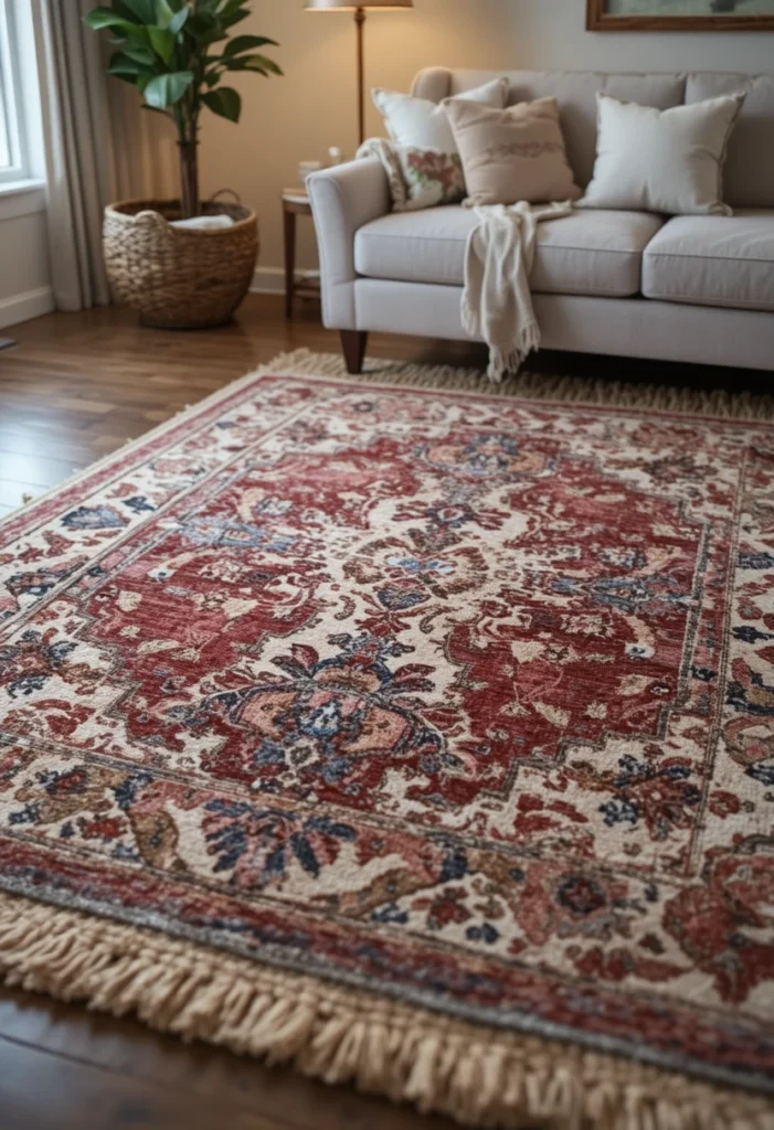 Layered vintage rug in a cottage living room
