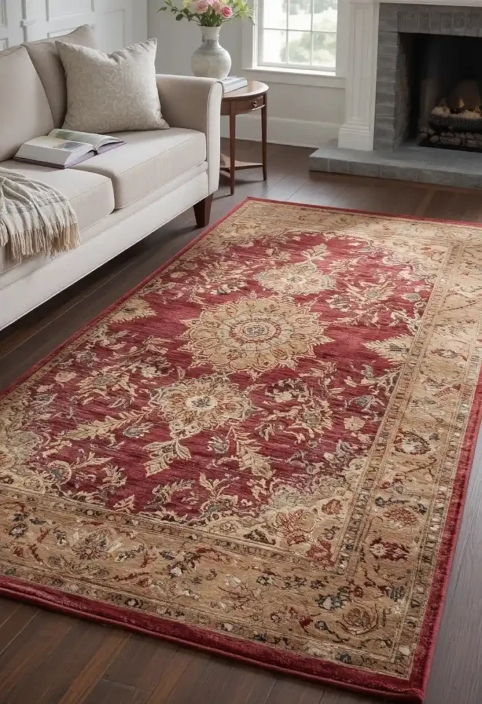 Layered vintage Persian rug in a dark academia living room