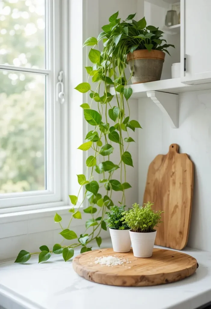 Kitchen counter styled with indoor plants and fresh herbs
