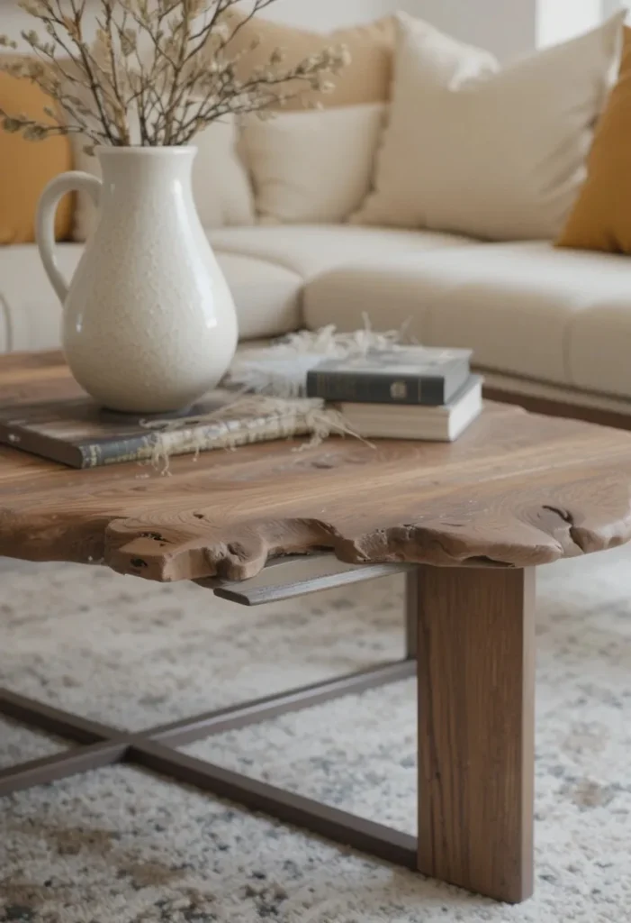 Walnut wood coffee table in mid century modern living room
