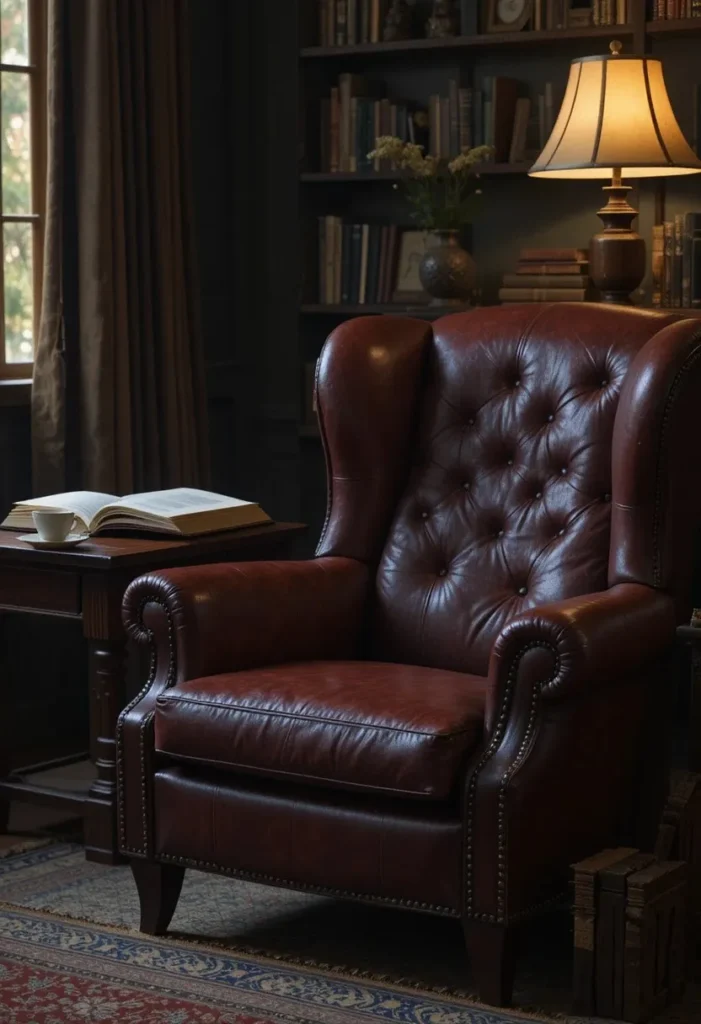Worn leather armchair in a dark academia living room setting