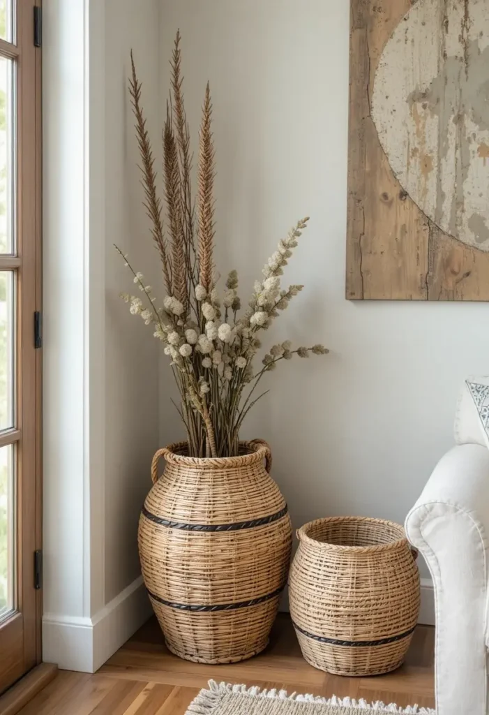 Natural woven textures styled in a cottage living room
