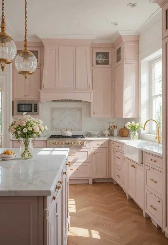 Soft blush pink kitchen island with gold hardware accents
