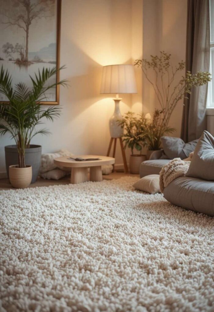 Soft cream shag carpet adding cozy comfort to a living room