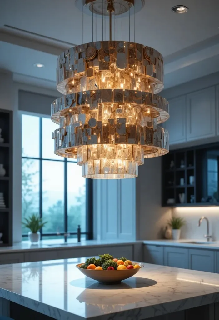 Multi tier layered pendant light as kitchen island focal point