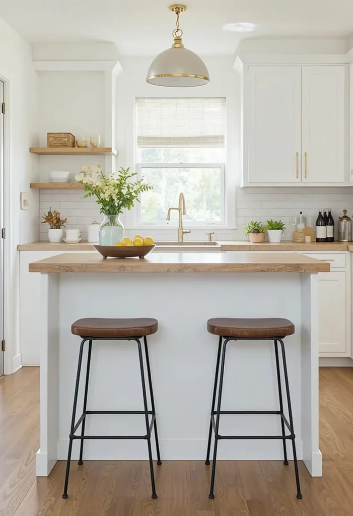 Backless bar stools tucked under a small kitchen island
