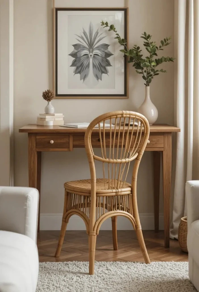  Rattan desk chair doubling as decor in living room workspace