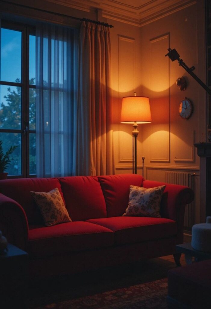 Red couch living room with warm layered lighting
