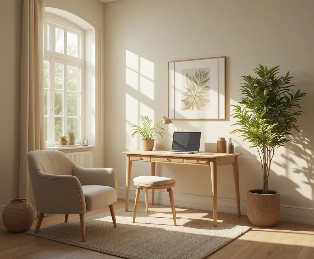 Desk in living room corner with laptop and natural light, cozy home workspace idea