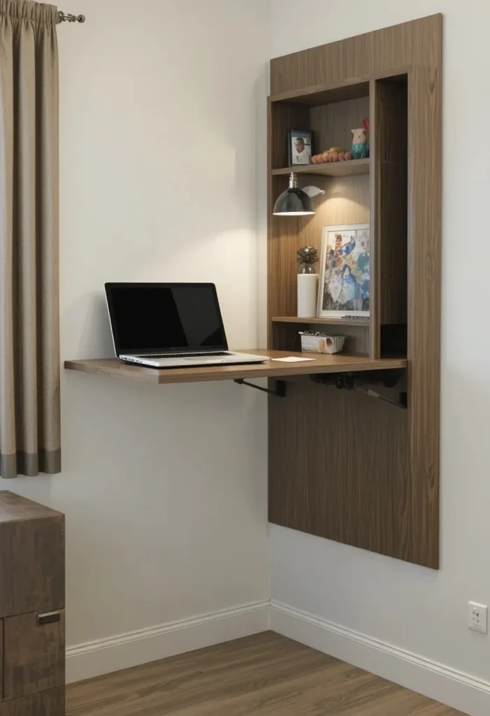 Fold down wall desk open and closed in small living room space
